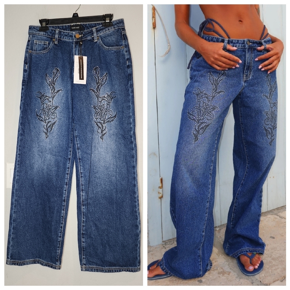 NWT Tiger Mist Soma Embellished Blue Jeans Relaxed Straight Wide Size Small